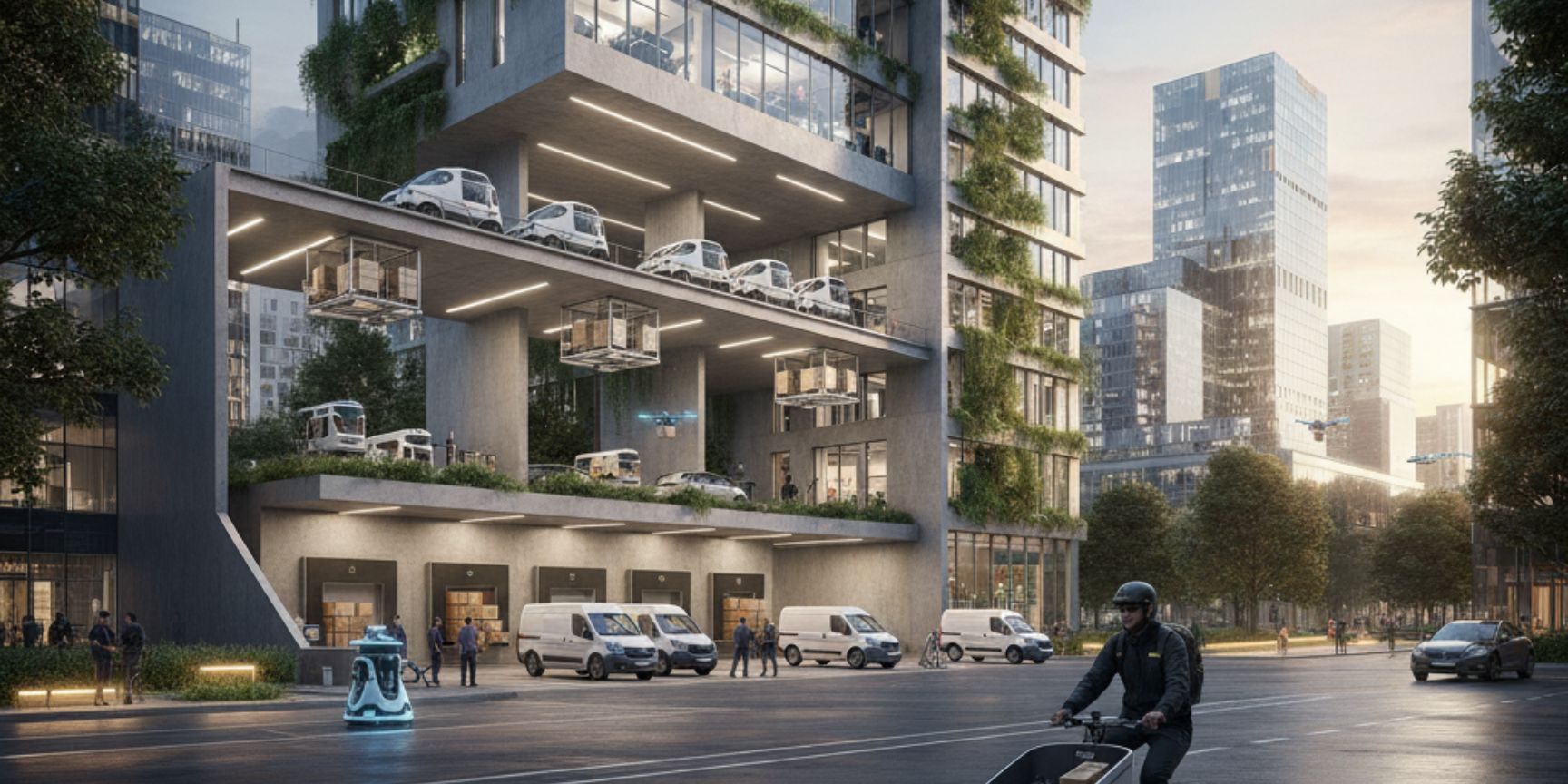 Vertikale Logistik-Immobilie in einer belebten Stadt mit LKW auf oberen Ebenen, Lieferwagen und Paketroboter am Boden, umgeben von Lieferdrohnen und einem Lastenrad, symbolisierend effiziente urbane Güterverteilung.